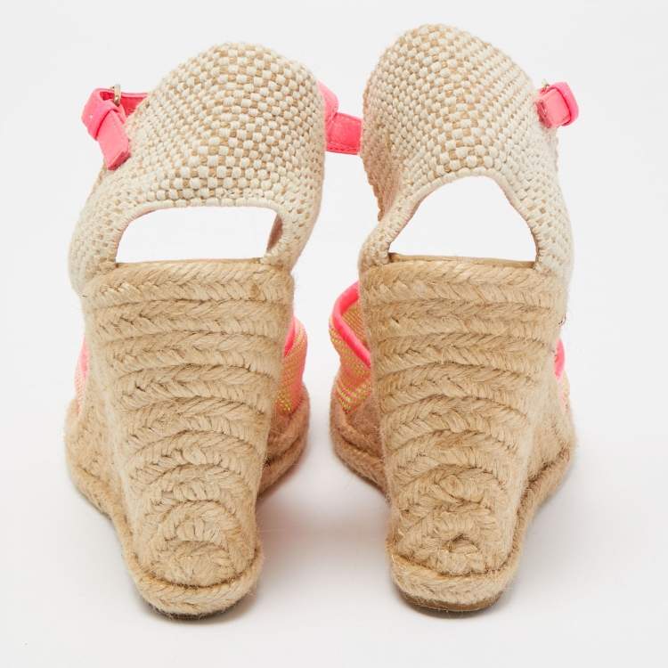 Pre Owned Stella McCartney Beige/Pink Raffia and Fabric Espadrille Wedge Sandals Size 38