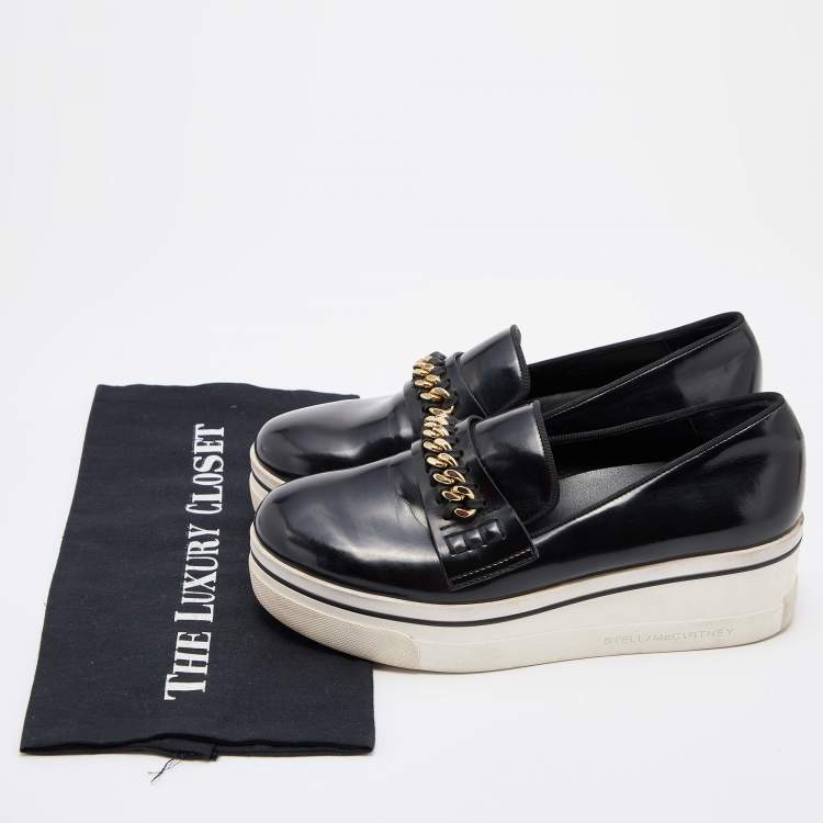 Pre Owned Stella McCartney Black Faux Leather Chain-Link Platform Slip On Sneakers Size 38