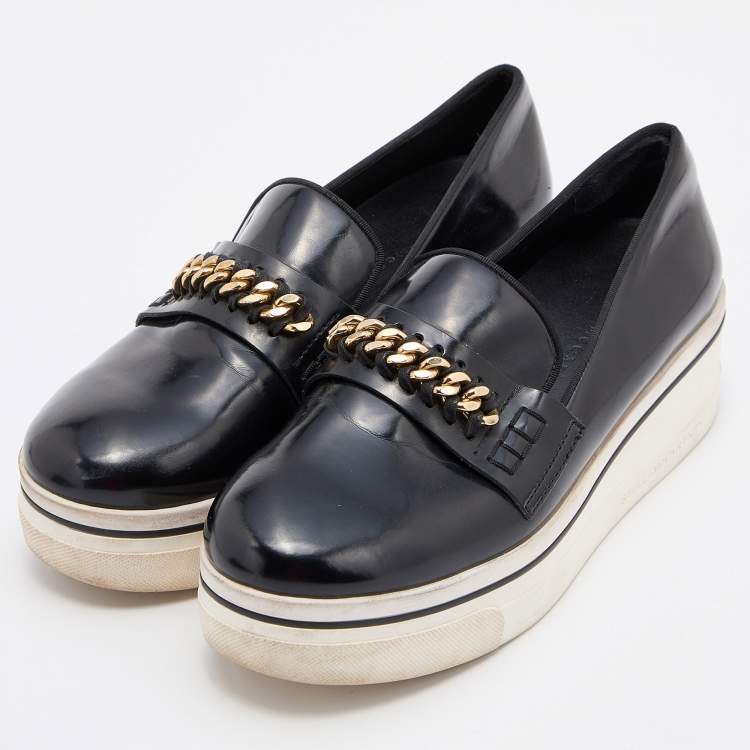 Pre Owned Stella McCartney Black Faux Leather Chain-Link Platform Slip On Sneakers Size 38