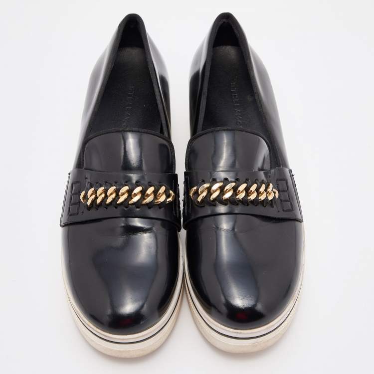 Pre Owned Stella McCartney Black Faux Leather Chain-Link Platform Slip On Sneakers Size 38
