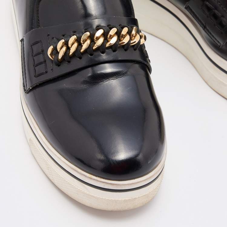 Pre Owned Stella McCartney Black Faux Leather Chain-Link Platform Slip On Sneakers Size 38