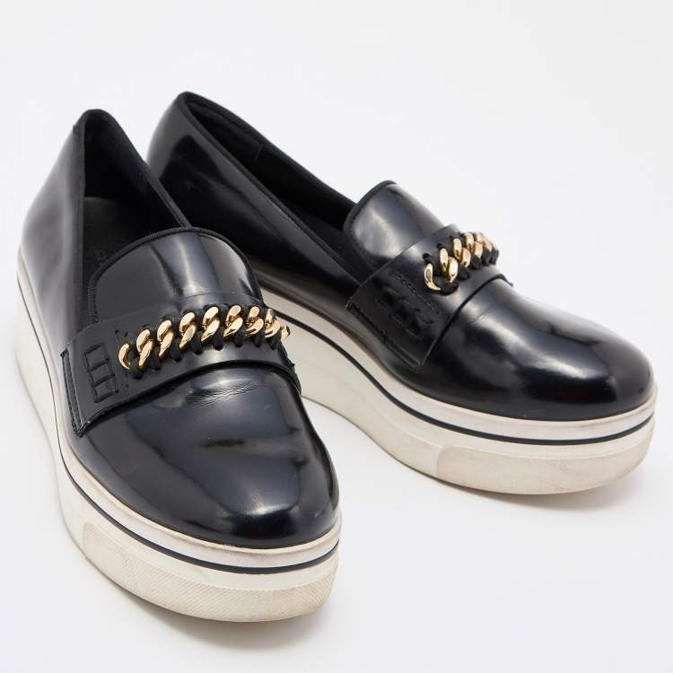Pre Owned Stella McCartney Black Faux Leather Chain-Link Platform Slip On Sneakers Size 38