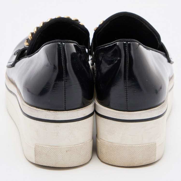 Pre Owned Stella McCartney Black Faux Leather Chain-Link Platform Slip On Sneakers Size 38