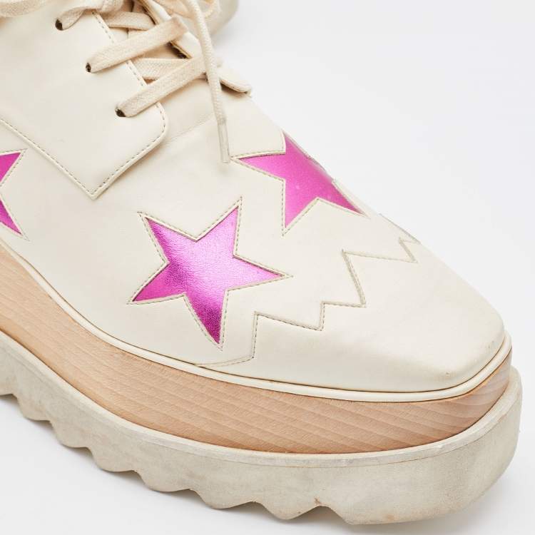 Pre Owned Stella McCartney Beige/Pink Faux Leather Elyse Star Platform Derby Sneakers Size 38.5