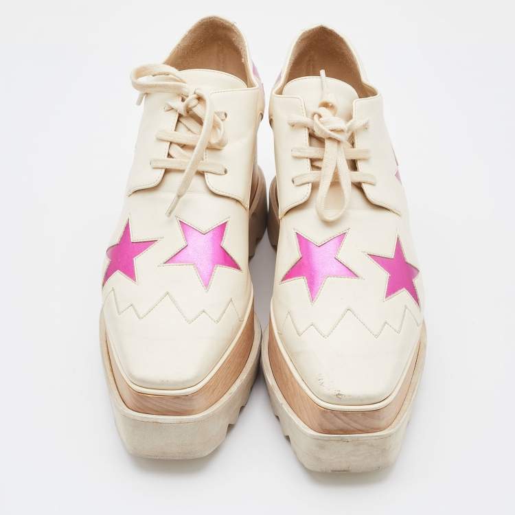 Pre Owned Stella McCartney Beige/Pink Faux Leather Elyse Star Platform Derby Sneakers Size 38.5