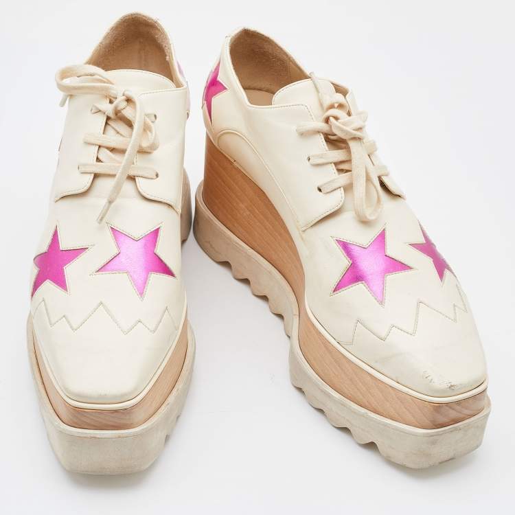 Pre Owned Stella McCartney Beige/Pink Faux Leather Elyse Star Platform Derby Sneakers Size 38.5