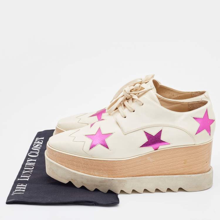 Pre Owned Stella McCartney Beige/Pink Faux Leather Elyse Star Platform Derby Sneakers Size 38.5