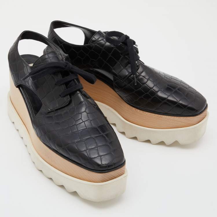 Pre Owned Stella McCartney Black Faux Croc Embossed Leather Elyse Cut Out Platform Derby Sneakers Size 38