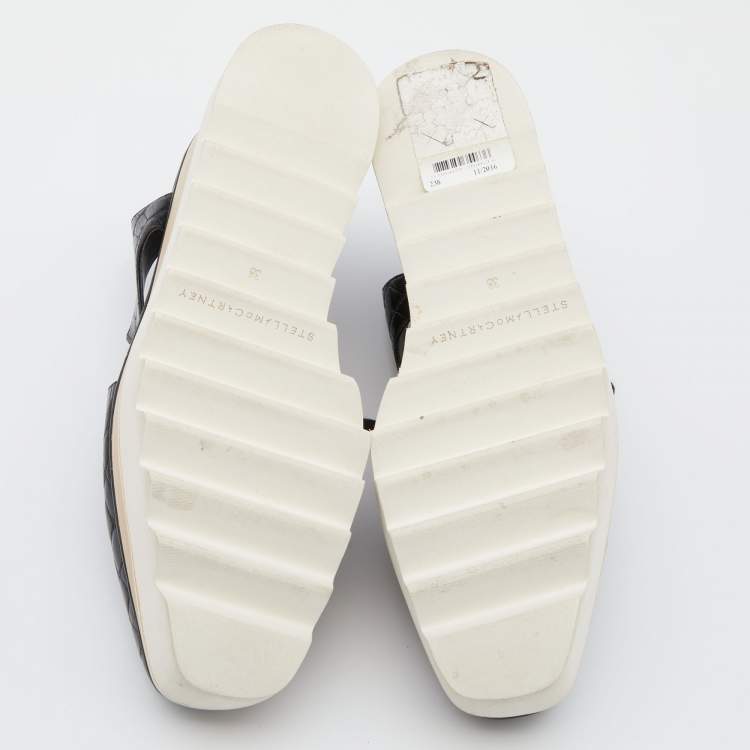 Pre Owned Stella McCartney Black Faux Croc Embossed Leather Elyse Cut Out Platform Derby Sneakers Size 38