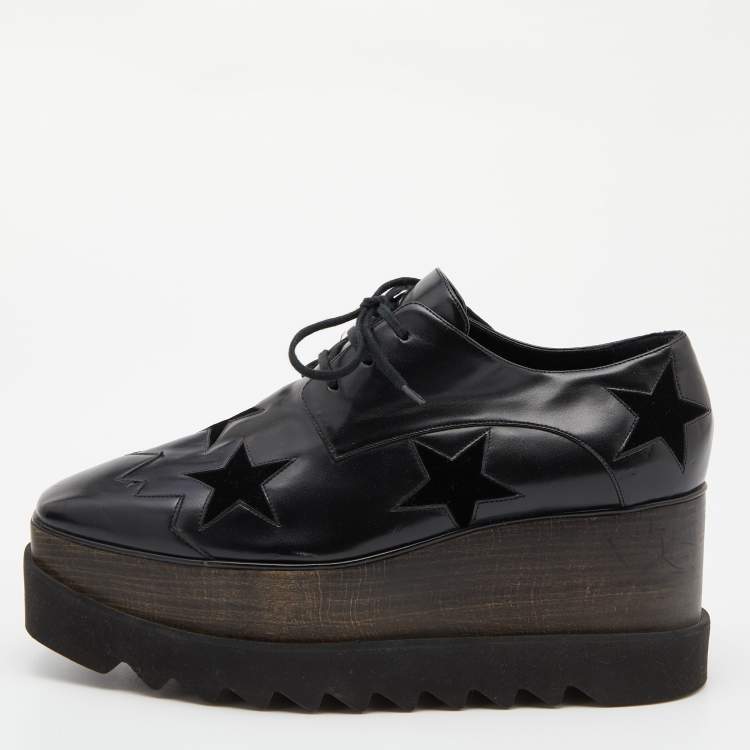 Stella McCartney Black Faux Leather and Wood Elyse Star Platform Derby  Sneakers Size 39.5 Stella McCartney