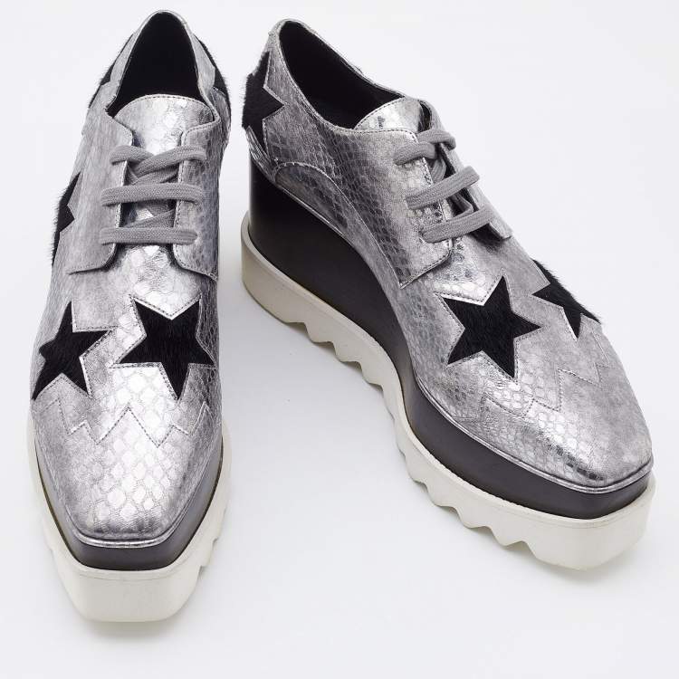 Pre Owned Stella McCartney Silver/Black Snakeskin Embossed Leather and Calfhair Elyse Star Platform Derby Size 38
