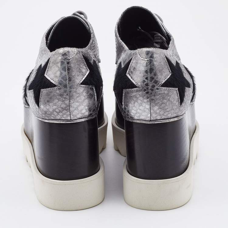 Pre Owned Stella McCartney Silver/Black Snakeskin Embossed Leather and Calfhair Elyse Star Platform Derby Size 38