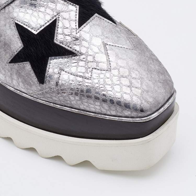 Pre Owned Stella McCartney Silver/Black Snakeskin Embossed Leather and Calfhair Elyse Star Platform Derby Size 38