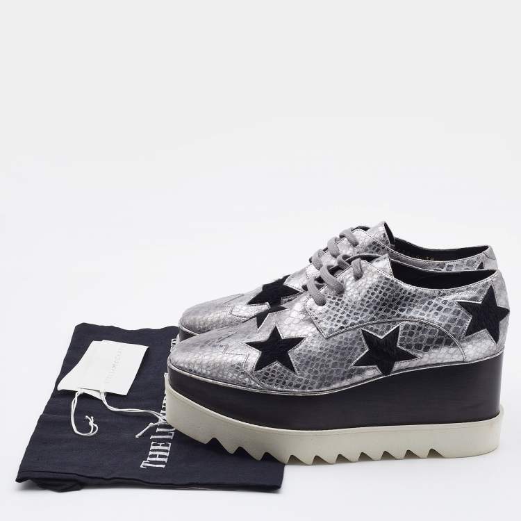 Pre Owned Stella McCartney Silver/Black Snakeskin Embossed Leather and Calfhair Elyse Star Platform Derby Size 38