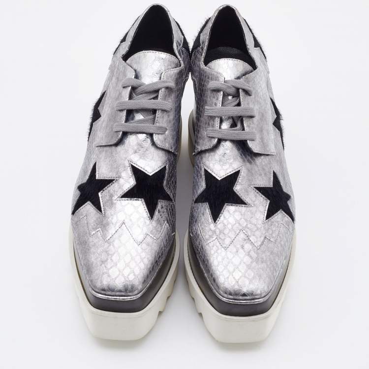 Pre Owned Stella McCartney Silver/Black Snakeskin Embossed Leather and Calfhair Elyse Star Platform Derby Size 38
