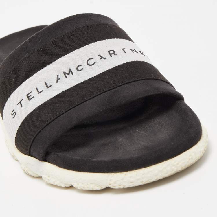 Pre Owned Stella McCartney Black/White Faux Suede And Canvas Logo Flat Slides Size 38