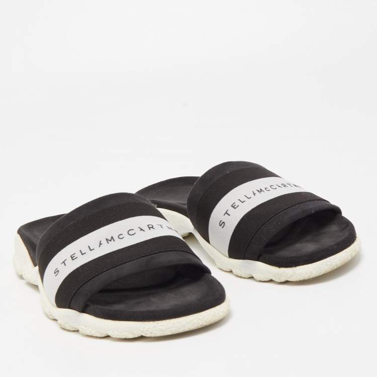 Pre Owned Stella McCartney Black/White Faux Suede And Canvas Logo Flat Slides Size 38