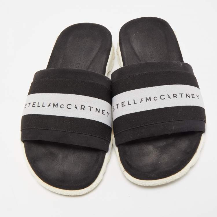 Pre Owned Stella McCartney Black/White Faux Suede And Canvas Logo Flat Slides Size 38