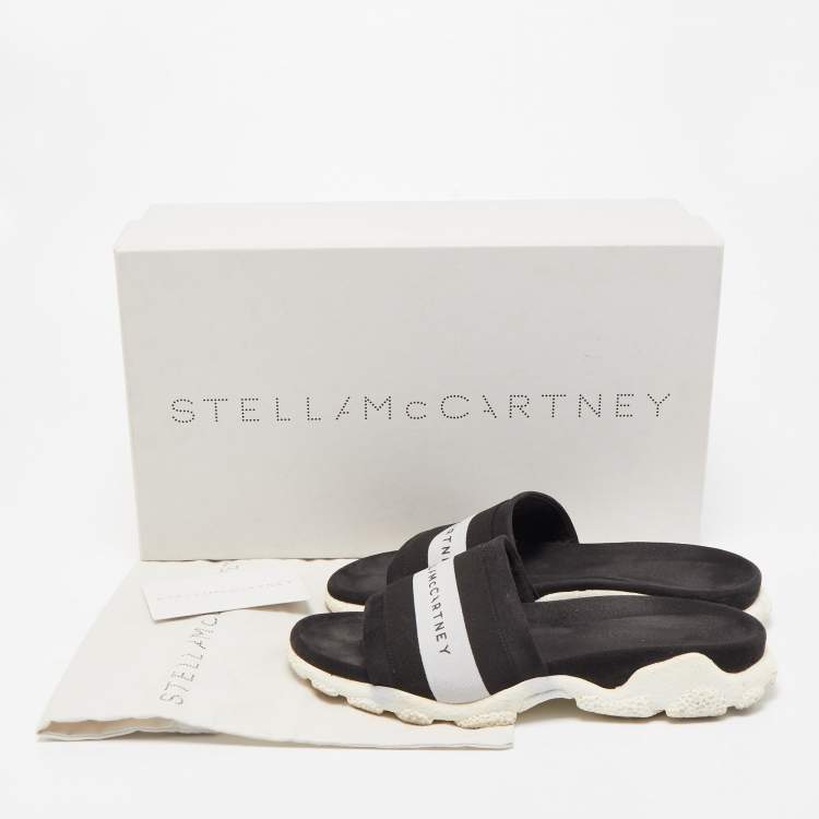 Pre Owned Stella McCartney Black/White Faux Suede And Canvas Logo Flat Slides Size 38