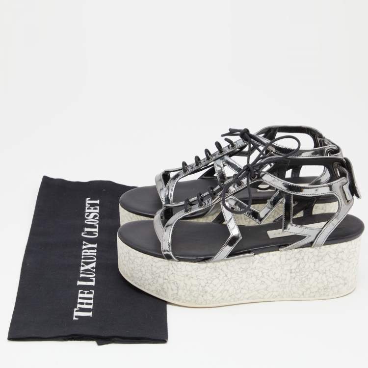 Pre Owned Stella McCartney Metallic Grey Faux Leather Hackney Platform Sandals Size 39
