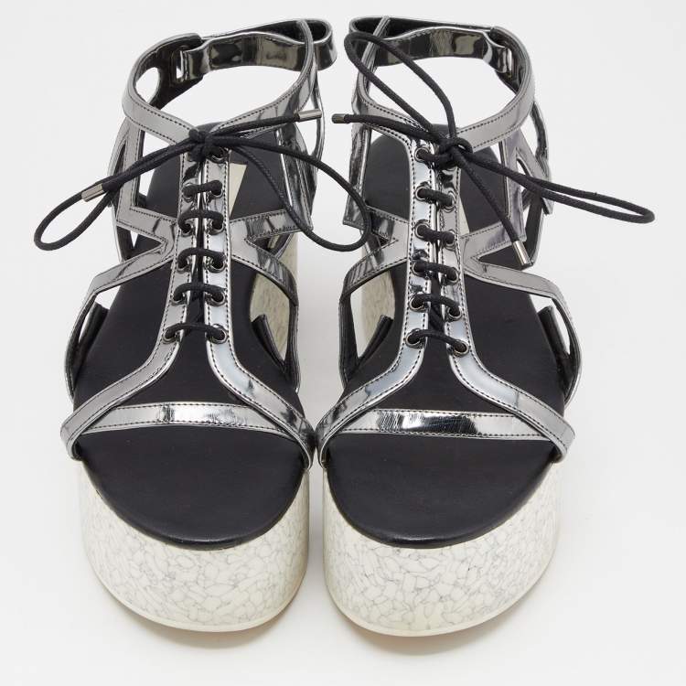 Pre Owned Stella McCartney Metallic Grey Faux Leather Hackney Platform Sandals Size 39