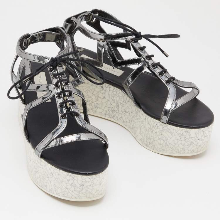 Pre Owned Stella McCartney Metallic Grey Faux Leather Hackney Platform Sandals Size 39