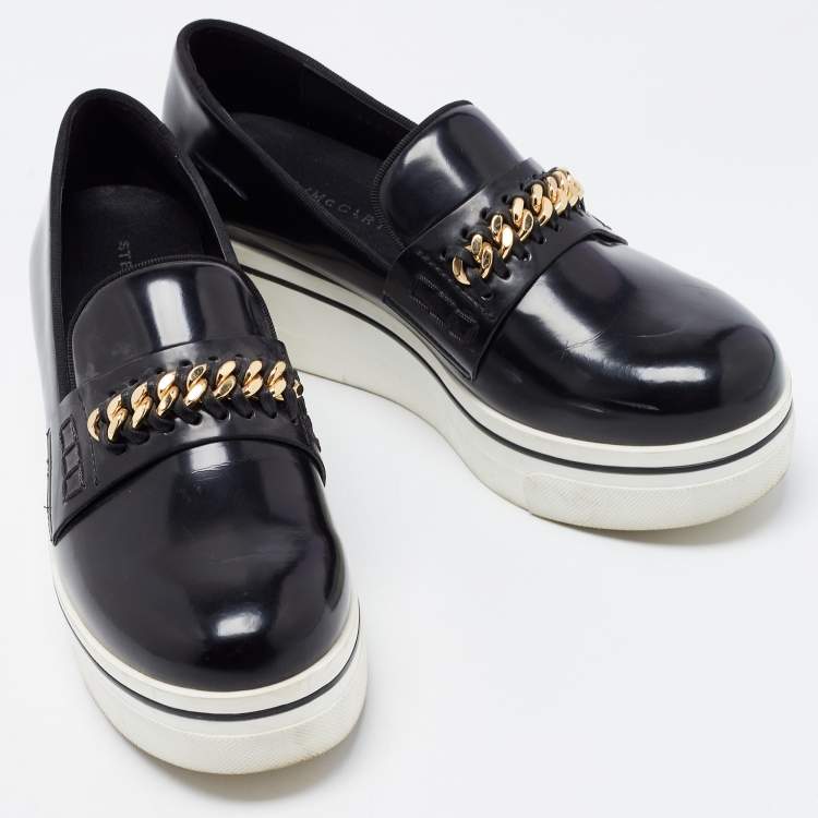 Pre Owned Stella McCartney Black Faux Leather Chain Link Platform Slip On Sneakers Size 39