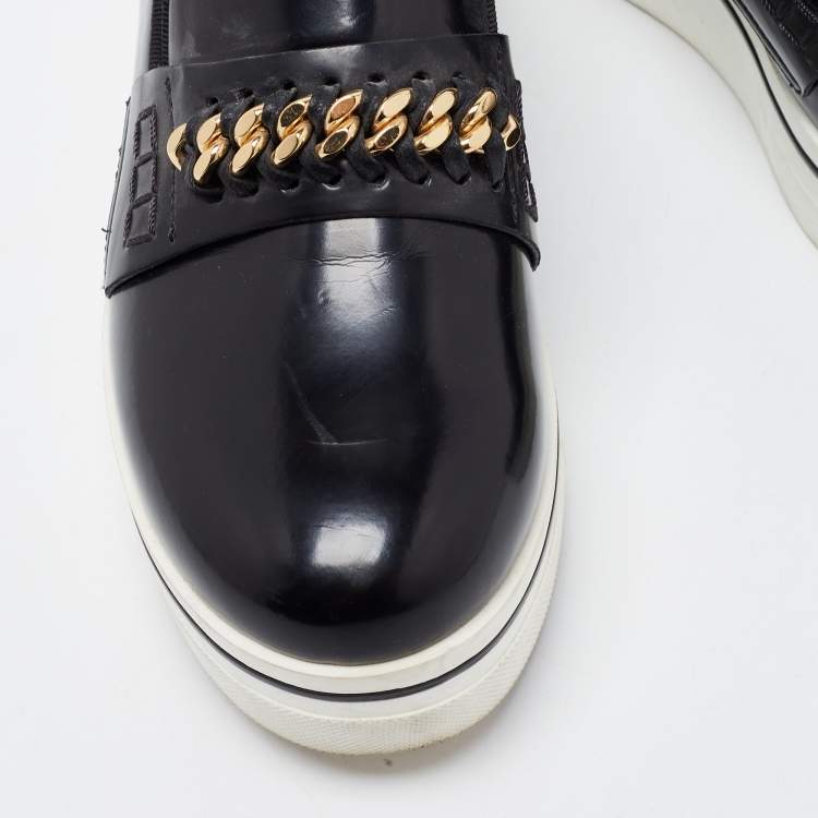 Pre Owned Stella McCartney Black Faux Leather Chain Link Platform Slip On Sneakers Size 39