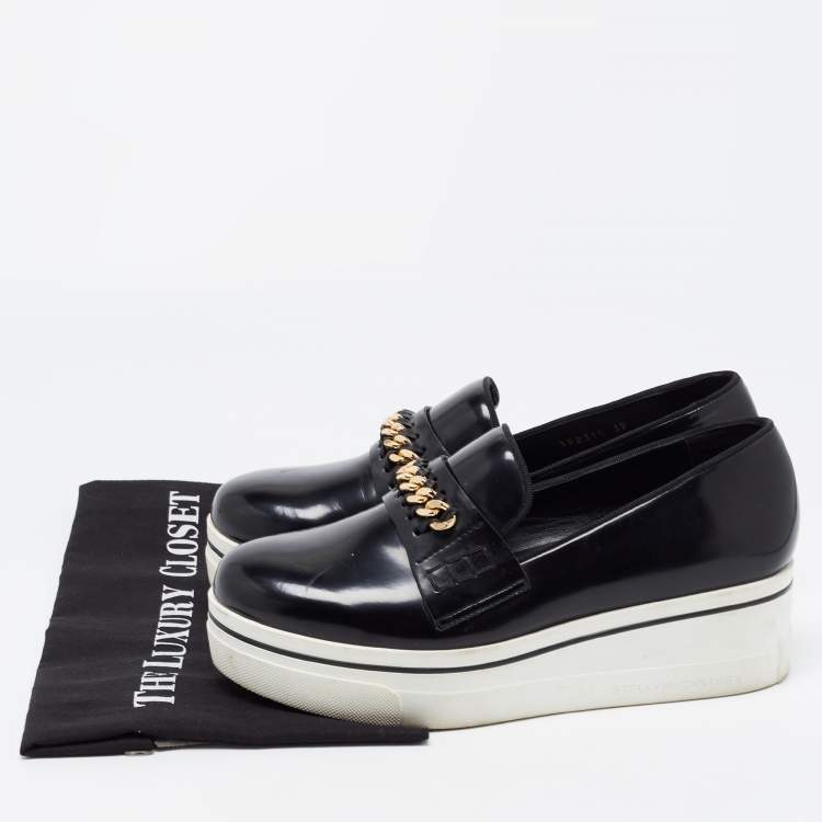 Pre Owned Stella McCartney Black Faux Leather Chain Link Platform Slip On Sneakers Size 39