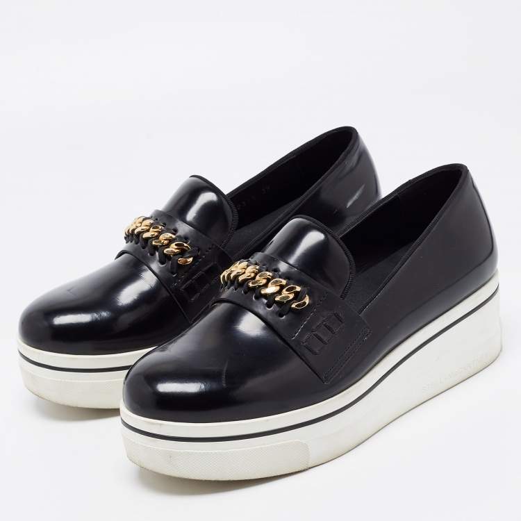 Pre Owned Stella McCartney Black Faux Leather Chain Link Platform Slip On Sneakers Size 39
