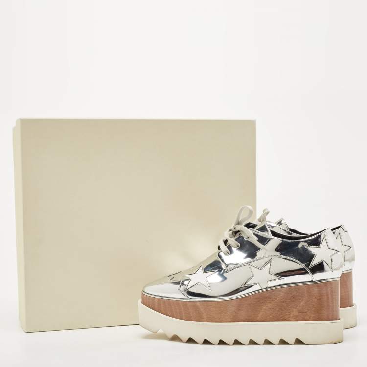 Pre Owned Stella McCartney Silver Faux Leather Elyse Star Wedge Sneakers Size 38