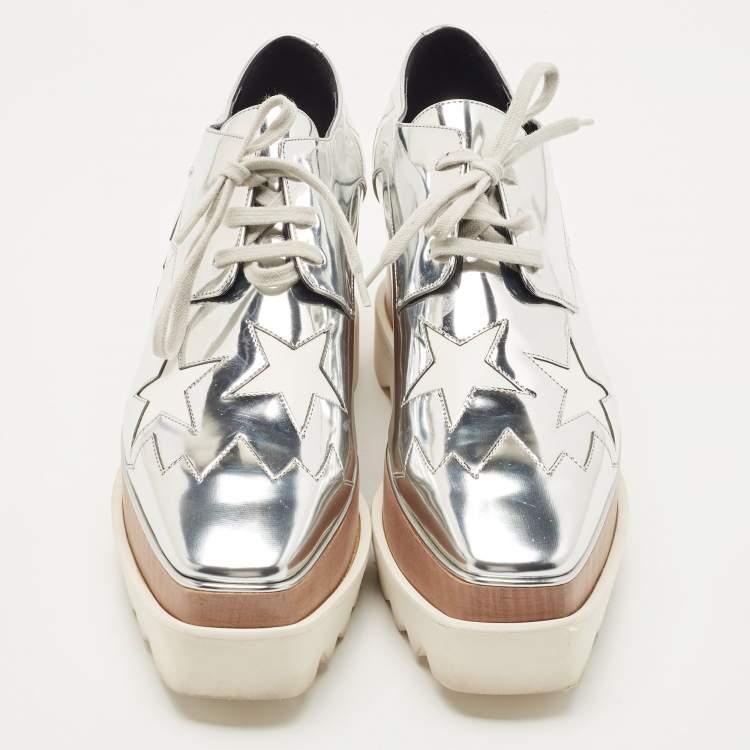 Pre Owned Stella McCartney Silver Faux Leather Elyse Star Wedge Sneakers Size 38