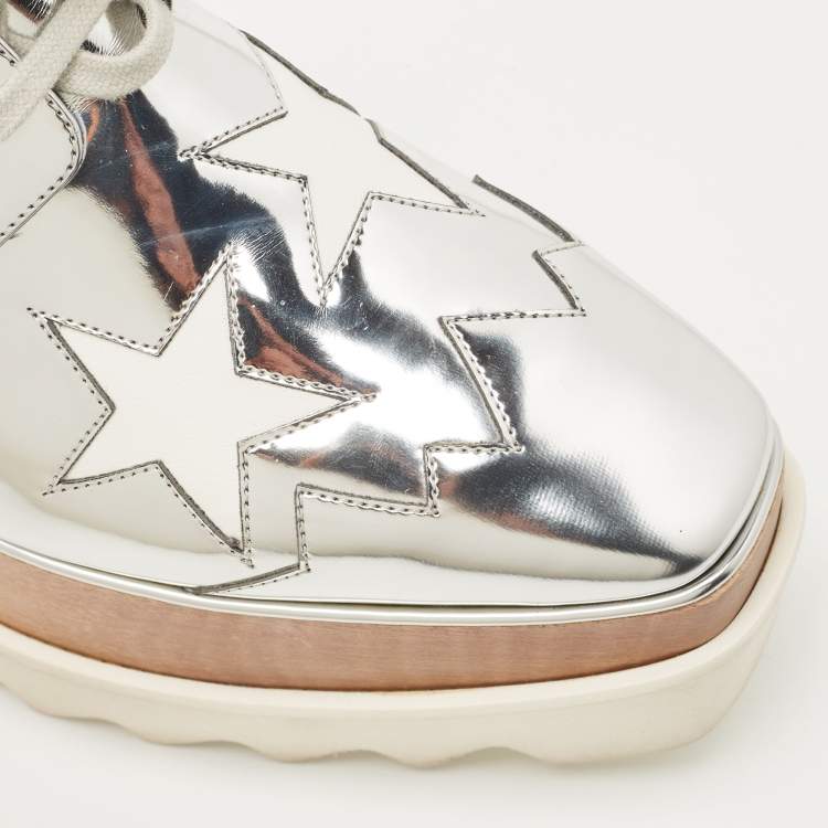 Pre Owned Stella McCartney Silver Faux Leather Elyse Star Wedge Sneakers Size 38