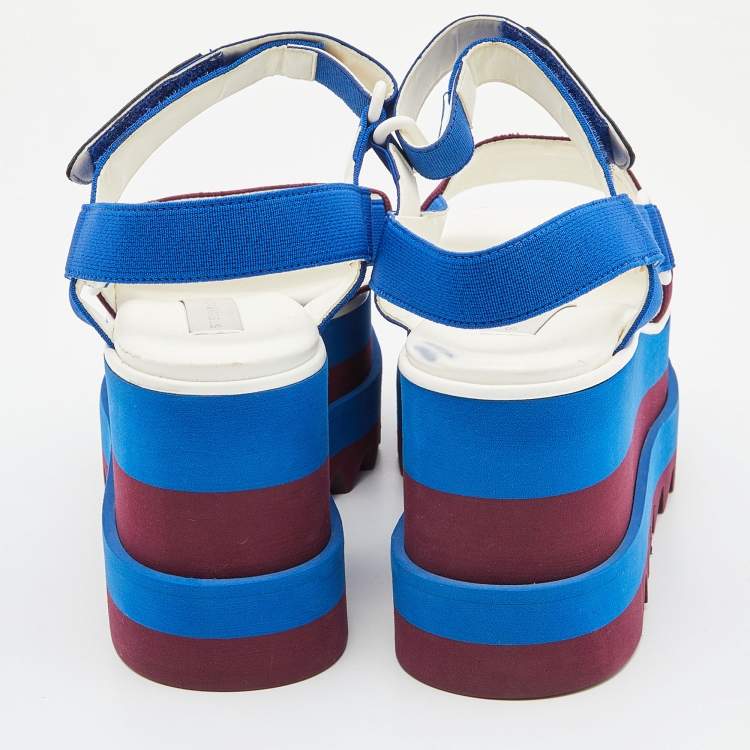 Pre Owned Stella McCartney Blue/Burgundy Canvas Striped Platform Ankle Strap Sandals Size 37