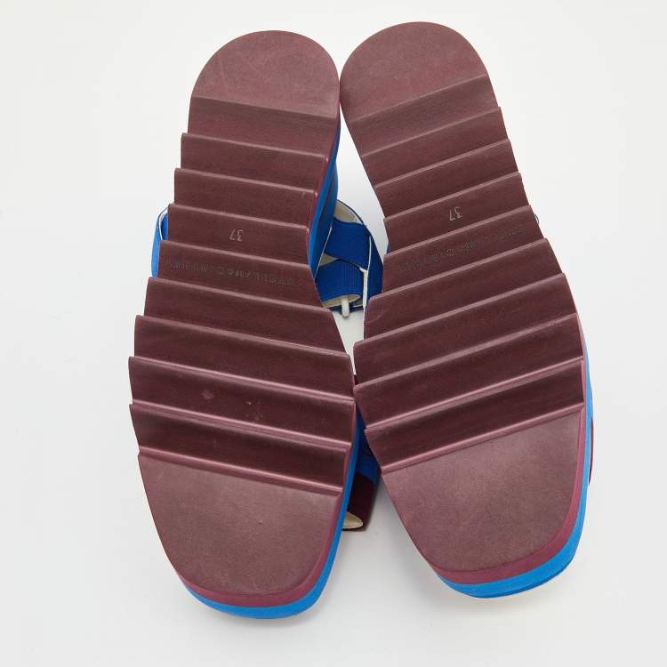 Pre Owned Stella McCartney Blue/Burgundy Canvas Striped Platform Ankle Strap Sandals Size 37