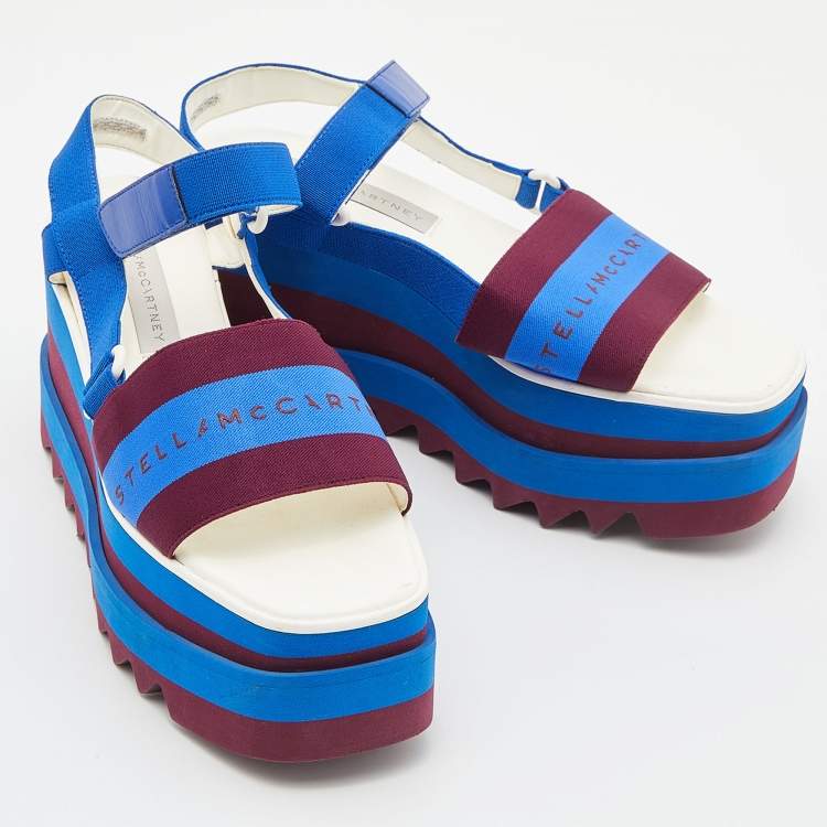 Pre Owned Stella McCartney Blue/Burgundy Canvas Striped Platform Ankle Strap Sandals Size 37