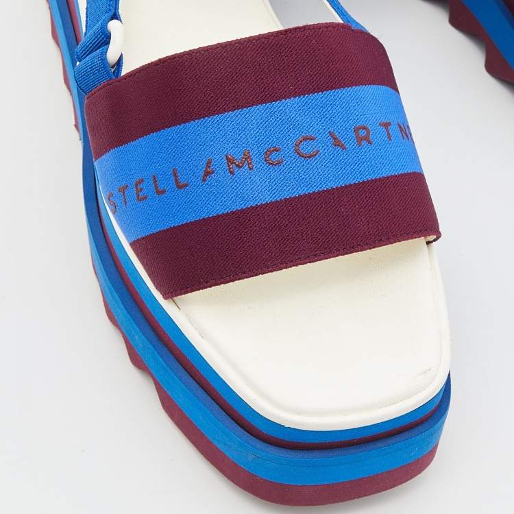 Pre Owned Stella McCartney Blue/Burgundy Canvas Striped Platform Ankle Strap Sandals Size 37