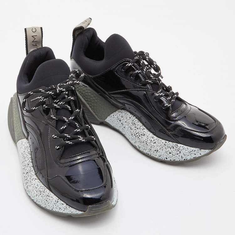 Pre Owned Stella McCartney Black Faux Patent Leather and Neoprene Scuba Sneakers Size 38