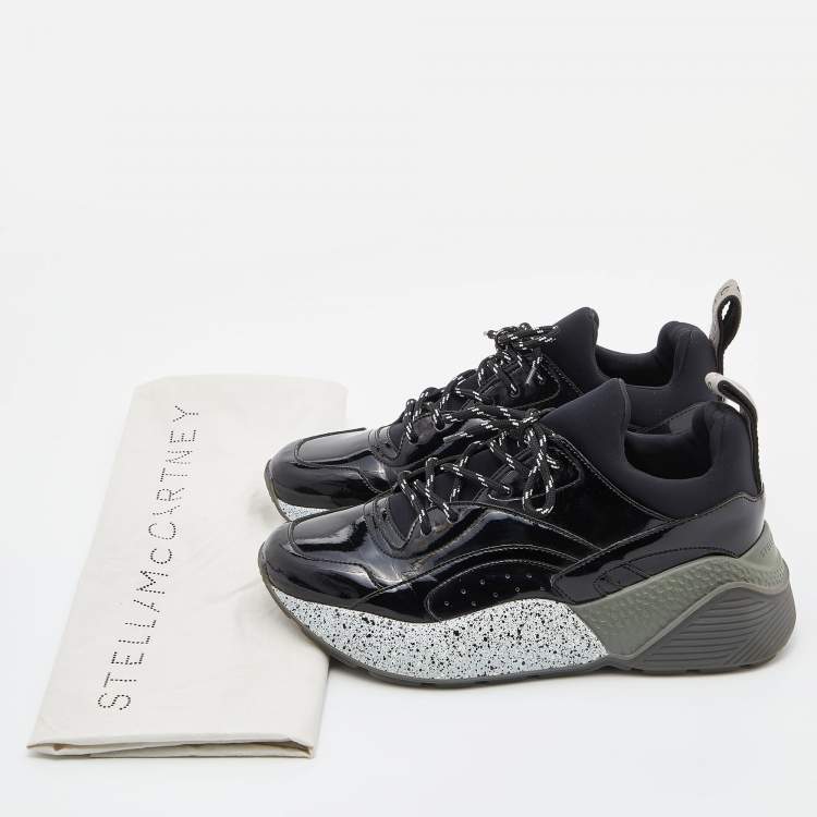 Pre Owned Stella McCartney Black Faux Patent Leather and Neoprene Scuba Sneakers Size 38