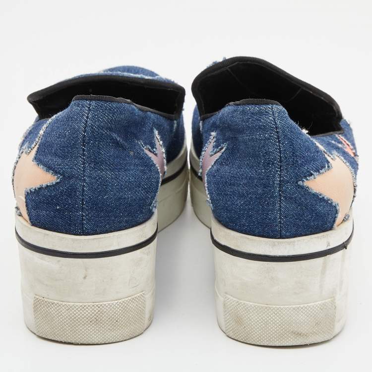Pre Owned Stella McCartney Blue Denim and Leather Binx Star Platform Slip On Sneakers Size 38