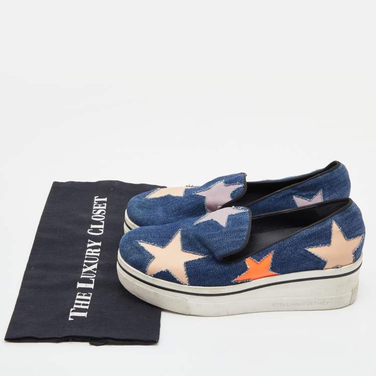Pre Owned Stella McCartney Blue Denim and Leather Binx Star Platform Slip On Sneakers Size 38