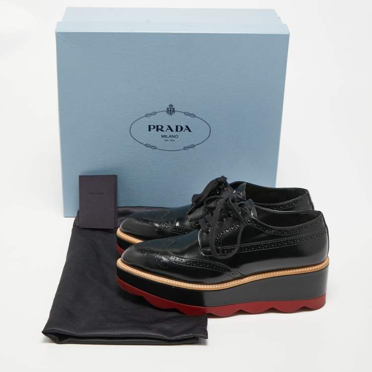 Pre Owned Prada Black Brogue Leather Platform Derby Sneaker Size 38.5