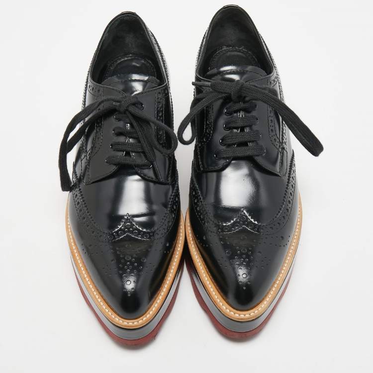 Pre Owned Prada Black Brogue Leather Platform Derby Sneaker Size 38.5