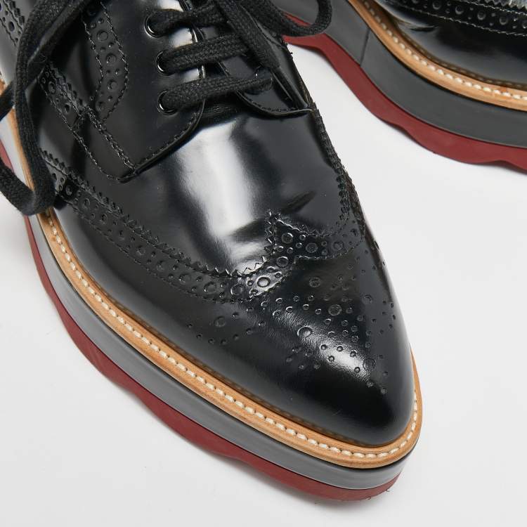 Pre Owned Prada Black Brogue Leather Platform Derby Sneaker Size 38.5