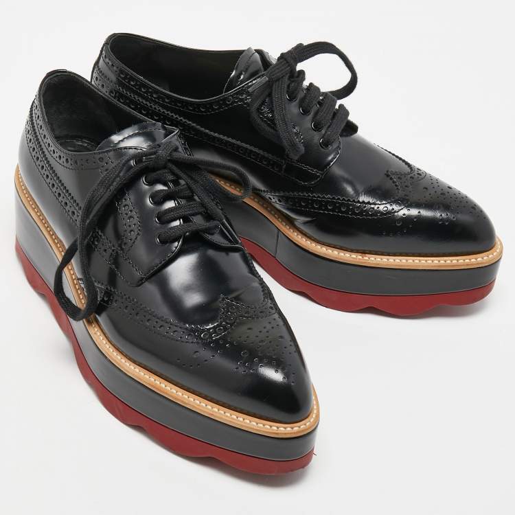 Pre Owned Prada Black Brogue Leather Platform Derby Sneaker Size 38.5