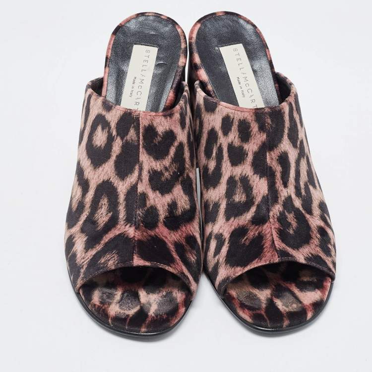Pre Owned Stella McCartney Brown Leopard Printed Velvet Sabot Mules Size 38