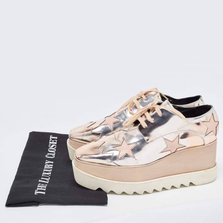 Pre Owned Stella McCartney Metallic Faux Leather Elyse Star Sneakers Size 38.5