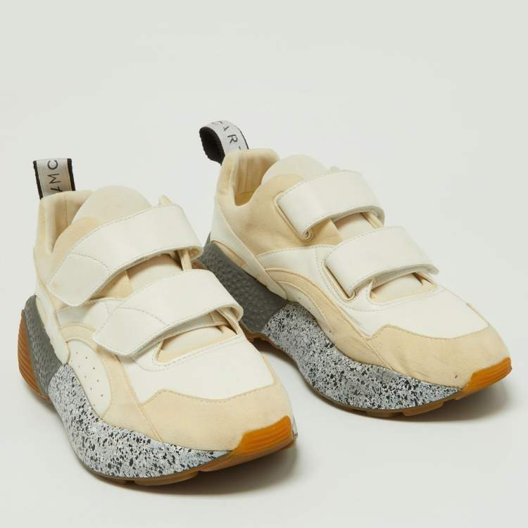 Pre Owned Stella McCartney Cream/White Faux Suede and Faux Leather Eclypse Velcro Strap Sneakers Size 40