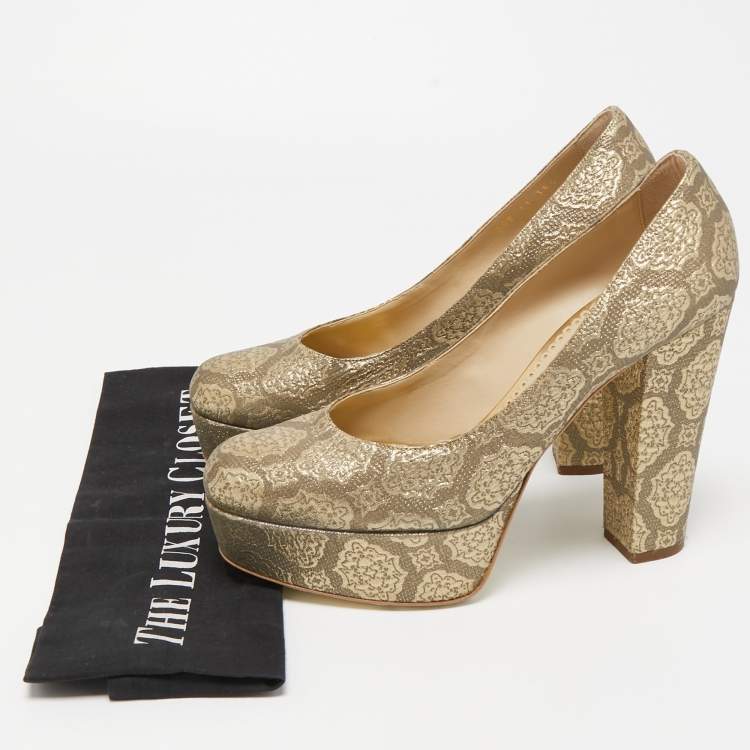 Pre Owned Stella McCartney Metallic Brocade Fabric Platform Pumps Size 38.5
