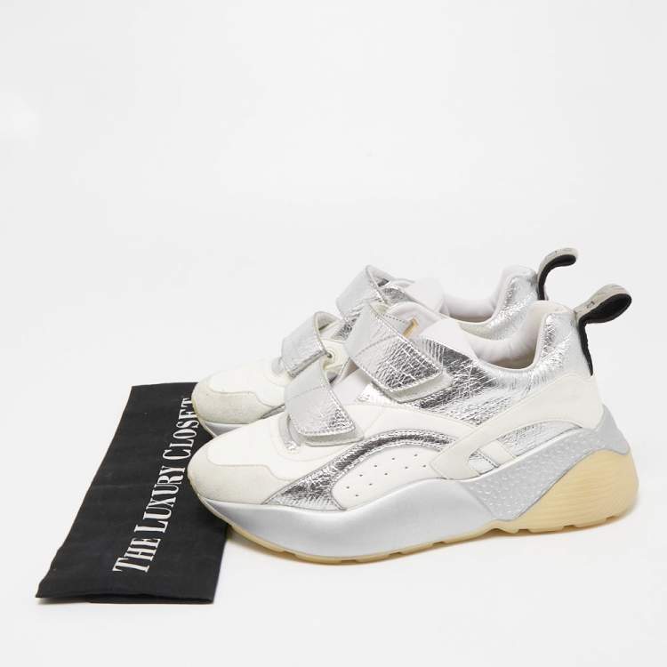 Pre Owned Stella McCartney White/Silver Faux Leather Eclypse Sneakers Size 38
